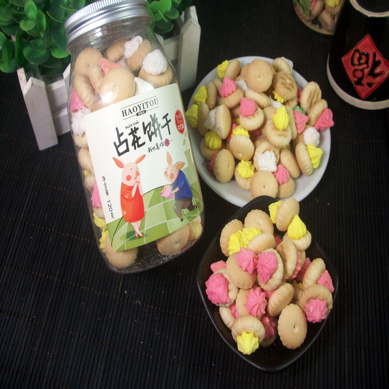 兒時回憶8090后懷舊小時候經(jīng)典早餐零食兒童占花餅干粘花寶塔罐裝