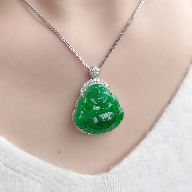 玉翠亭珠寶玉吊墜項(xiàng)鏈天然高端翡翠冰種a貨女款笑佛鑲嵌18K金緬甸